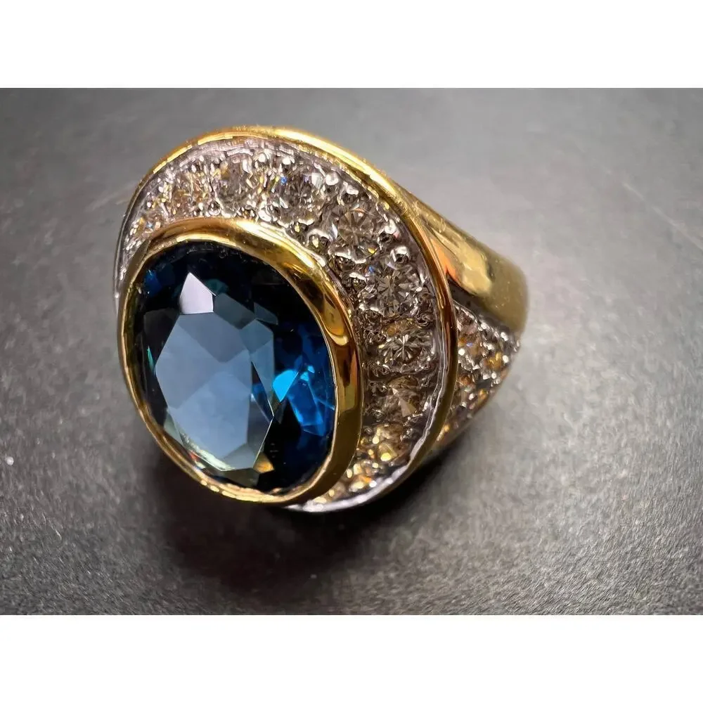 Lab blue spinel and CZ 18k rolled gold ring size 7